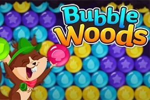 Wesoły wiewiórka z zielonym kapeluszem trzymająca różową bańkę na tle kolorowych baniek i napisu Bubble Woods