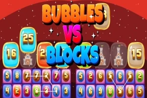 Kolorowe cyfry i litery z napisami Bubbles i Blocks na tle z bąbelkami i blokami