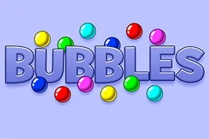 Napis BUBBLES otoczony kolorowymi kulkami na jasnofioletowym tle