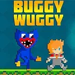 Pikselowa postać w niebieskim stroju z czerwonymi ustami obok rudowłosego bohatera na platformie z napisem BUGGY WUGGY