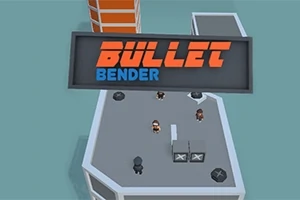 Postacie na dachu budynku z dużym napisem Bullet Bender u góry obrazu