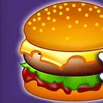 Hamburger animowany z warstwami sera, sałaty i pomidora oraz rysunkową ręką wskazującą na kanapkę, na fioletowym tle