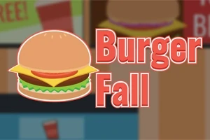 Wizerunek przedstawia rysunkową bułkę hamburgera z serem, pomidorem i sałatą na tle zamazanego wnętrza restauracji, obok widoczny jest czerwony napis Burger Fall