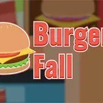 Wizerunek przedstawia rysunkową bułkę hamburgera z serem, pomidorem i sałatą na tle zamazanego wnętrza restauracji, obok widoczny jest czerwony napis Burger Fall