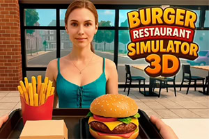 Kobieta w restauracji trzyma tacę z burgerem i frytkami, na tle napisu „Burger Restaurant Simulator 3D