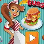 Kobieta w stroju kelnerki trzymająca talerz z burgerem, otoczona składnikami do burgerów i napisem BURGER TIME