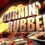 Napis „Burnin Rubber” na tle wybuchu i rozpędzonych samochodów