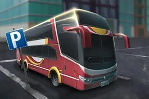 Czerwony autobus piętrowy zaparkowany przy znaku P na tle miejskich budynków