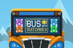 Pomarańczowy przód autobusu z kolorowymi walizkami na wyświetlaczu i górskim tłem