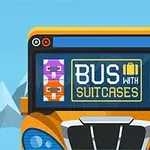 Pomarańczowy przód autobusu z kolorowymi walizkami na wyświetlaczu i górskim tłem