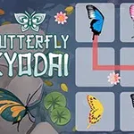 Grafika przedstawia planszę z układem różnych kolorowych motyli połączonych linią na tle z roślinnymi elementami i logo z motywem motyla