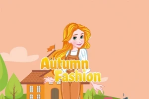 Rysunek przedstawia uśmiechniętą postać kobiecą z rudymi włosami w jesiennym stroju, na tle domu i drzew, z napisem Autumn Fashion