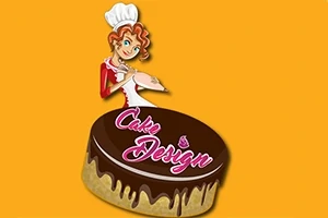 Kobieta kucharka z czerwonymi włosami i czapką szefa kuchni trzymająca tacę nad czekoladowym tortem z napisem Cake Design na pomarańczowym tle