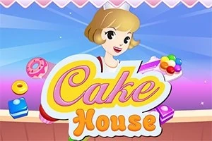 Postać z blond włosami trzyma kolorowe ciastka, a na pierwszym planie widać napis Cake House