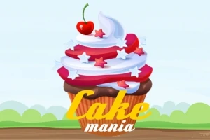 Kolorowa babeczka ozdobiona kremem, czerwoną wisienką i gwiazdkami na tle nieba oraz napisem Cake Mania