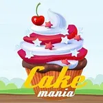 Kolorowa babeczka ozdobiona kremem, czerwoną wisienką i gwiazdkami na tle nieba oraz napisem Cake Mania