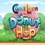 Napis Cam & Leon Donut Hop z postaciami i dużym różowym pączkiem na tle parku