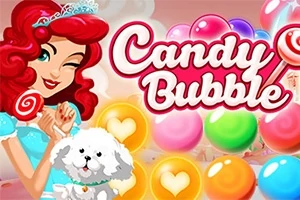 Ruda postać w niebieskiej sukience, trzymająca lizaka, obok białego psa na tle kolorowych bąbelków z napisem Candy Bubble