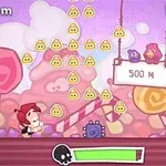 Dziewczynka w czerwonym kapturku na tle cukierkowego krajobrazu z żółtymi emoji twarzami w powietrzu i tablicą z napisem 500 M oraz dwoma ptakami