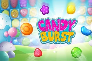 Kolorowa grafika z latającymi cukierkami na tle zielonych wzgórz i wielobarwnymi, błyszczącymi cukierkami pod napisem Candy Burst