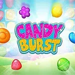 Kolorowa grafika z latającymi cukierkami na tle zielonych wzgórz i wielobarwnymi, błyszczącymi cukierkami pod napisem Candy Burst