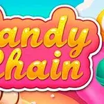 Kolorowy napis „Candy Chain” na tle ilustracji z cukierkami i fantazyjnym krajobrazem