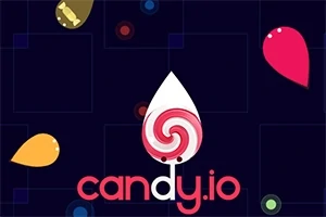 Kolorowe krople i lizak na niebieskim tle z napisem candy