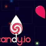 Kolorowe krople i lizak na niebieskim tle z napisem candy