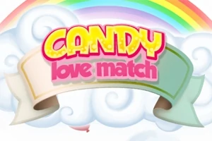 Logo z napisem Candy love match na tle tęczy i chmur