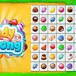 Kolorowa plansza z cukierkami i słodyczami na zielonym tle obok logo Candy Mahjong