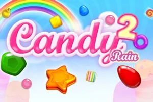 Kolorowe cukierki różnego kształtu na tle tęczy i błękitnego nieba z tytułem Candy Rain 2
