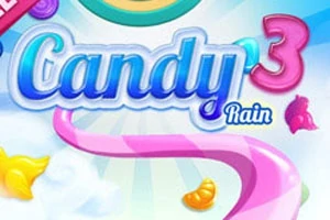 Napis Candy Rain 3 na kolorowym tle z cukierkami i tęczowym zakrzywionym paskiem