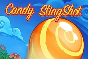 Kolorowa grafika przedstawiająca dużego, pomarańczowego cukierka na tle nieba z chmurami i napisem Candy SlingShot