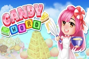 Dziewczyna z różowymi włosami i kokardą trzymająca miskę i trzepaczkę na tle cukierkowego krajobrazu z napisem CANDY WORD w kolorowych literach