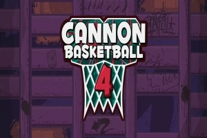 Napis Cannon Basketball 4 na tle grafiki przypominającej kosz do koszykówki, z widocznym fioletowym budynkiem w tle