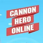 Czerwony napis CANNON HERO ONLINE na tle jasnoniebieskiego nieba z dwoma postaciami trzymającymi działa, jedna postać na wieży po prawej stronie, druga po lewej