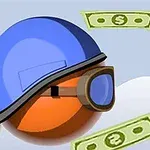 Pomarańczowa kula w niebieskim hełmie i okularach, w otoczeniu banknotów i żółtego pierścienia na tle nieba