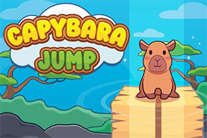 Kolorowa grafika z kapibarą siedzącą na drewnianym pomoście nad wodą, z napisem „Capybara Jump w tle