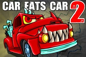 Czerwony samochód z dużymi, ostro zakończonymi zębami i złowrogimi oczami na tle z napisem Car Eats Car 2