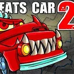 Czerwony samochód z dużymi, ostro zakończonymi zębami i złowrogimi oczami na tle z napisem Car Eats Car 2