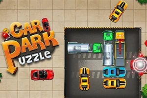 Kolorowe samochody zaparkowane w małym prostokątnym układzie z napisem Car Park Puzzle po lewej stronie, otoczone kafelkowaną podłogą