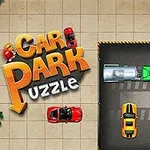 Kolorowe samochody zaparkowane w małym prostokątnym układzie z napisem Car Park Puzzle po lewej stronie, otoczone kafelkowaną podłogą