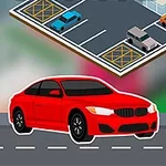 Czerwony samochód zaparkowany na drodze z widocznym znakiem parkingowym i parkingiem w tle