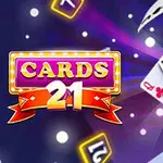 Kolorowe karty do gry unoszące się na fioletowym tle z efektem świetlnym i napisem Cards 21 w ozdobnej ramce