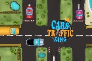 Skrzyżowanie dróg z samochodami i tekstem Cars Traffic King na środku, otoczone elementami krajobrazu jak trawa i woda