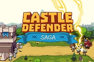 Napis Castle Defender Saga nad ryciną przedstawiającą rycerzy broniących zamku przed atakiem szkieletów i orków z piorunem w tle