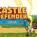 Napis Castle Defender Saga nad ryciną przedstawiającą rycerzy broniących zamku przed atakiem szkieletów i orków z piorunem w tle