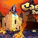 Czarodziej stojący na wieży zamku, otoczony atakującymi stworami, z napisem „Castle Defense” nad sceną