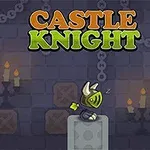 Rycerz w zbroi stoi na kamiennym bloku w zamkowym wnętrzu, otoczony świecznikami i gwiazdkami, na tle napisu CASTLE KNIGHT