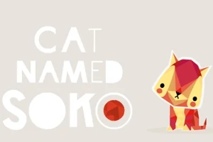 Kolorowy, geometryczny kot z czerwonymi i żółtymi trójkątami oraz napis Cat Named Soko po lewej stronie